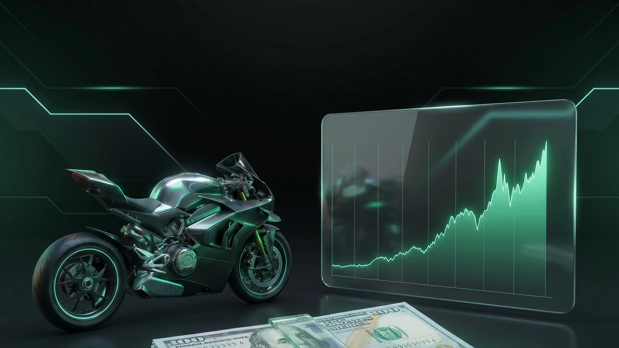Futuristic funded trading motorcycle, cash stack, and rising equity curve for the 30-day guarantee