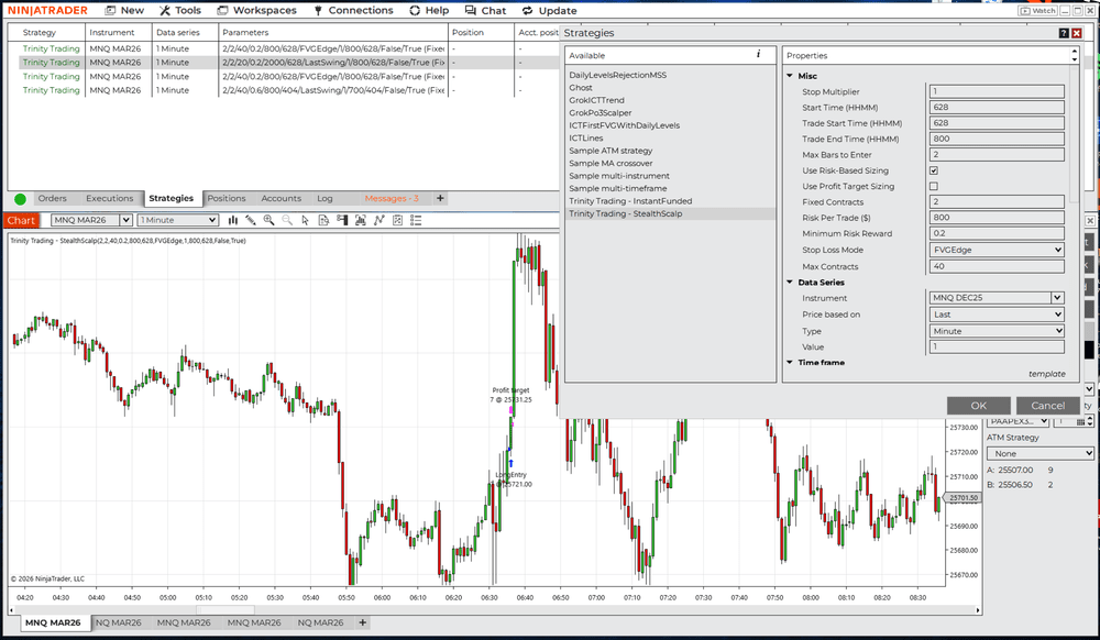 StealthScalp NinjaTrader screenshot with settings and trade labels